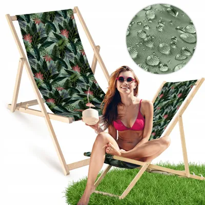 Produktbild von Liegestuhl klappbar aus Holz mit Jungle-Blattmotiv – Klappstuhl Klappliege Sonnenstuhl Strandstuhl Gartenliege