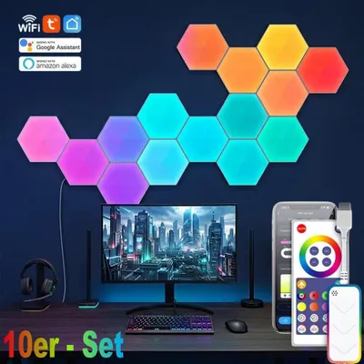 Produktbild von LED Hexa Lichtpanels RGBIC Musik Sync, 16 Millionen Farben, WiFi & Bluetooth, App & Fernbedienung, für Partybeleuchtung Gaming DIY Deko, 10er Set.