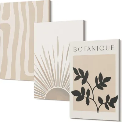 Produktbild von Leinwandbild – Wandbild – Leinwandbilder – Kunstdruck – Polycanvas – Modern – Mehrteilig – 3-Teilig Set – Hochwertig – Geruchslos – Lichtecht – Fertig Aufgespannt – 40x60 Cm Je Teil - Abstrakte Muster mit floralen Akzenten in neutralen Tönen