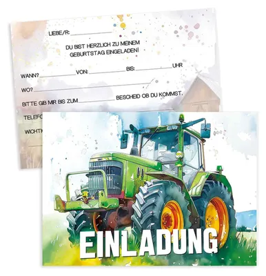Produktbild von 12er-Pack Traktor-Einladungskarten für Kindergeburtstage – Einladungen für Mädchen und Jungen