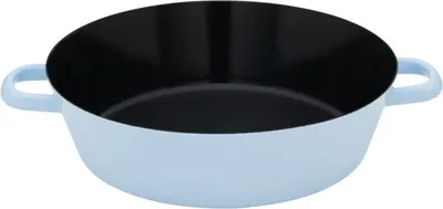 A light blue baking pan with a black interior is shown against a white background.