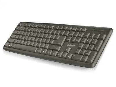 A black keyboard is shown against a white background.