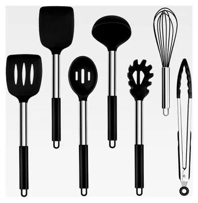 Produktbild von Küchenhelfer Set, 7 Stück Silikon Kochutensilien mit Edelstahlgriff, Schwarz, Hitzebeständig und Antihaft