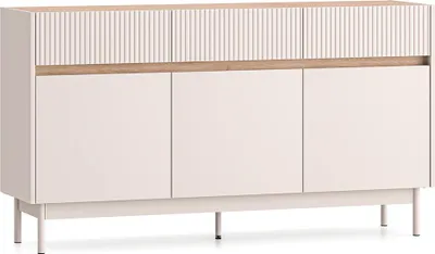 Produktbild von Wohnzimmer-Sideboard 154 cm breit in kaschmir matt mit Eiche, 3 Türen, 3 Schubladen - DINAR-131