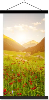 Produktbild von MuchoWow® Textilposter Blumen - Berg - Sonne 40x80 cm mit schwarzem Rahmen - Wandemalerei