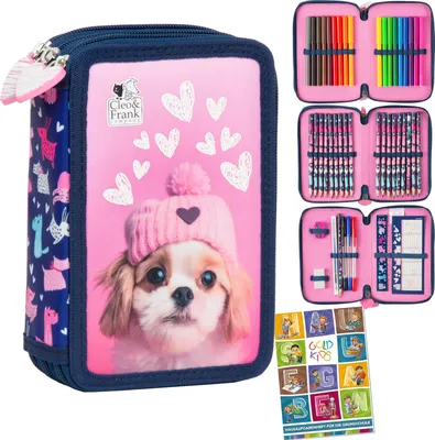 Produktbild von Federmäppchen 3 Fächer Mäppchen für Mädchen Jungen Federmappe 3-Fach Federtasche Gefüllte Schüleretui 44-teilig Schulmäppchen Hausaufgabenheft Hund