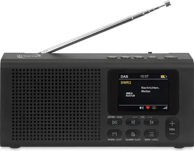 A black Dynavox DAB+ Radio DBT200 is shown against a white background.