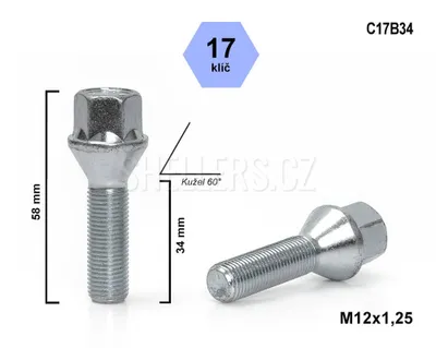 Obrázok produktu pre Skrutka kolesa M12x1,25x34 s kužeľom, kľúč 17, C17B34, výška 58 mm