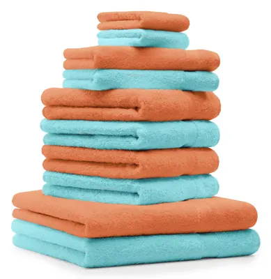 Produktbild von Betz 10-tlg. Handtuch-Set PREMIUM CLASSIC 2 Duschtücher 4 Handtücher 2 Gästetücher 2 Seiftücher Farbe: orange & türkis