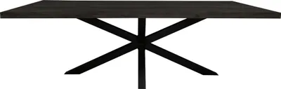 A rectangular dining table with a dark wood top and a black X-shaped base, isolated on a white background.