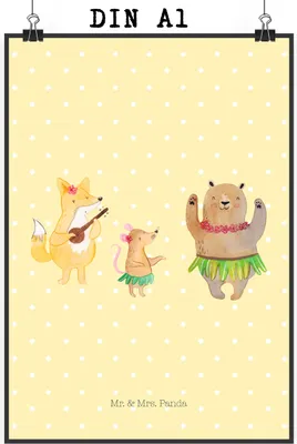 Produktbild von Mr. & Mrs. Panda Bild Waldtiere Aloha DIN A1 - Gelb Pastell - Geschenk, Lustige Sprüche, Musik, Lachen, kunstdruck poster, Tanzen, drucke, Wandbild, Bär, Wald, Igel