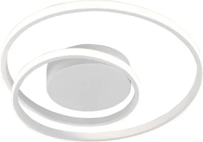 A white, modern ceiling light with two intertwined spiral-shaped arms, mounted on a white circular base.