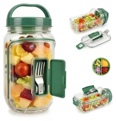 Productafbeelding van Saladebox voor onderweg - Lunchbox van 1100 ml met een compartimentenbak met 4 vakken, een lekvrije kruidenhouder en een vork - Geschikt voor thuis, buiten en op reis