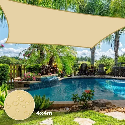 Produktbild von Sonnensegel Wasserdicht Rechteckig 4x4M, Sonnenschutz Segeltuch Reißfest 420D Oxford Gewebe Ösen Seile, Windschutz Beige Balkon Garten Camping