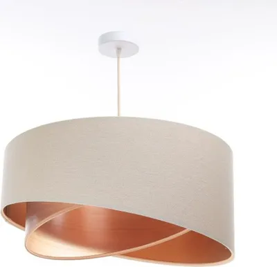 Produktbild von Hängelampe Stoff E27 D: 50 cm H: max. 105 cm in Weiß Beige Kupfer (Holzoptik) rund Modern Pendelleuchte