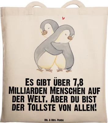 Produktbild von Mr. & Mrs. Panda Jutebeutel Pinguine Kuscheln - Transparent - Geschenk, Hochzeitstag, für Männer, Laptoptasche, Schultasche, Tasche, Frauen, Freundin, Freund, Tote Bag