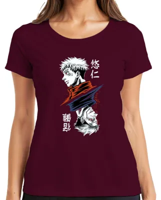 Imagen del producto de Camiseta para mujer, diseño "Jujutsu Kaisen", con la imagen de Yuji Itadori y su "Cara Dual", estilo anime, color burdeos, talla XXL