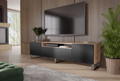 Produktbild von TV-Schrank Rico III Fernsehschrank TV-Lowboard 200 cm dreitürig Wohnzimmer Push-To-Open Funktion vertikal gefräste Fronten (Farbe: Eiche artisan, schwarz)