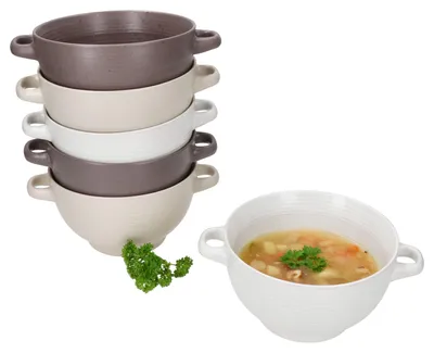 Produktbild von 6x Sandy Suppentasse 450ml mit Henkeln Suppenterrine stapelbar Beige Braun Weiß