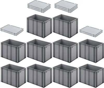 Produktbild von SuperSparSet 10x Eurobehälter mit geschlossenem Griff und Scharnierdeckel | HxBxT 42x40x60cm | 70 Liter | Grau | Eurobox, Transportbox, Transportbehälter, Stapelbehälter