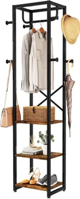 Zdjęcie produktu dla Wieszak na ubrania z półkami - Wolnostojąca garderoba - Organizacja przedpokoju - Styl industrialny - 180 x 40 x 30 cm