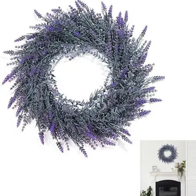 Produktbild von Lavendel Türkranz 48 cm,Dekorativer Ganzjahreskranz aus Kunststoff, Frühlingsdeko Türkranz für Haustür, Wohnzimmer, Garten, Bauernhaus und Hotelpartys