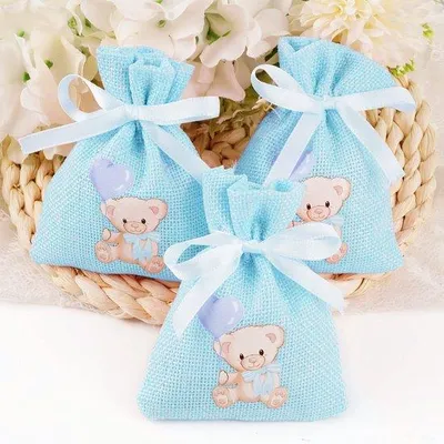 Produktbild von 24-Stück Jute-Tüten für Christenung 8 x 10 cm Canvas-Bag mit Motiv Bär Schmuckbeutel für Schmuck, Süßigkeiten, Schokolade und Perlen