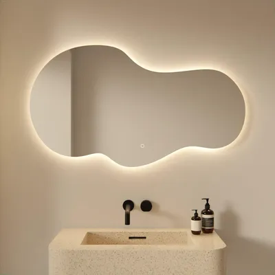 Image de Miroir de salle de bain LED Mirlux, asymétrique, 120 x 70 cm, sans cadre, avec variateur d'intensité et fonction anti-buée