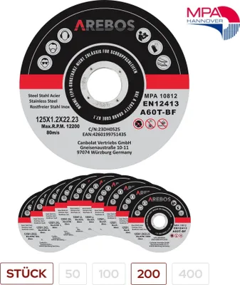 Produktbild von AREBOS 200x 125 mm INOX Trennscheiben 1,2 mm 2.200 U/min EN12413