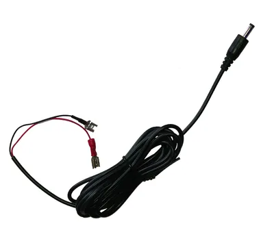 A black power cable with a DC barrel connector on one end and a switch and spade connectors on the other.