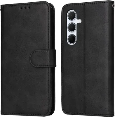 A black flip case for a smartphone is shown from two angles.