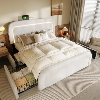 Produktbild von Flieks Polsterbett 160x200cm mit 4 Schubladen, Doppelbett Jugendbett mit Lattenrost, Holzbett Stauraumbett Klassisches Bett, Schafwolle, Weiß