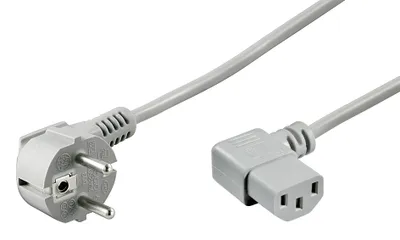 Image de Goobay 50079 Câble de raccordement pour appareils froids, coudé des deux côtés, 2 m, gris, (3*0,75 mm²), 2 m - Fiche hybride avec contact de protection (type E/F, CEE 7/7) 90° > Prise C13 (raccordement pour appareils froids)