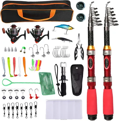 Produktbild von Angelset 1,9 m, 2 Ruten, Spinnrollen, Bissanzeiger, Köderbox, Tragetasche, für Anfänger