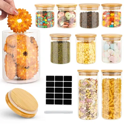 Productafbeelding van Glazen voorraadpotten met bamboedeksels, 10 stuks, luchtdicht, voor in de keuken