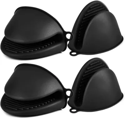 Produktbild von 4 Stück Silikon Ofenhandschuhe Hitzebeständig für Kochen, Backen und Grillen in Schwarz