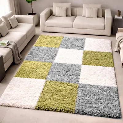 Zdjęcie produktu dla Miękki dywan typu shaggy, wielokolorowy: zielony, szary, kremowy – nowoczesny dywan z długim włosiem, wymiary: 160 x 230 cm