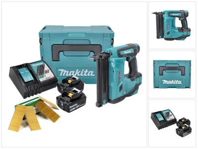 Image de Makita DBN 500 RTJ Cloueuse sans fil 15-50 mm 90° 18 V + 2x Batteries 5,0 Ah + Chargeur + 20000x Clous de tête 50 mm + Coffret MakPac