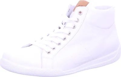 A white high-top sneaker with pink accents.