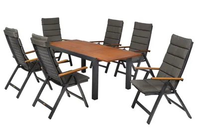 Produktbild von Merxx Gartenmöbel Set Astros 13tlg., 6 Klappsessel inkl. Kissen, Ausziehtisch 150 (200) x 90 cm-Aluminium/Akazie/Kunststoff