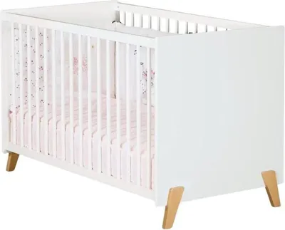 Image de Lit Bébé Babyprice Joy, 120 x 60 cm, Bois Naturel, Blanc, Sommier Réglable