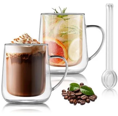 Obrázek produktu pro Sada sklenic na Latte Macchiato, 2 kusy, objem 400 ml, dvouplášťové sklo z borosilikátu s uchem, odolné vůči teplu