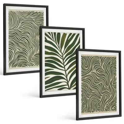 Produktbild von Bilder Set 3-teilig im schwarzen Rahmen – Wandbilder 3 Stück – gerahmte Poster für Wohnzimmer, Schlafzimmer und Flur – 40x60 cm – Blattmuster wellenförmige Formen