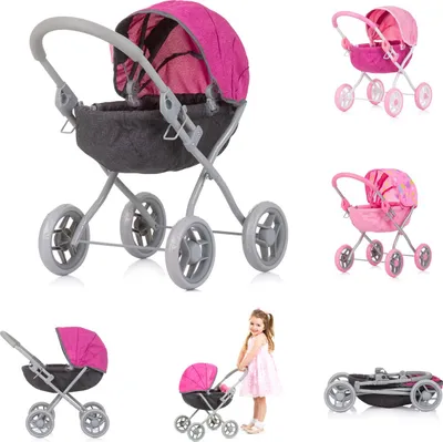 Immagine prodotto di Chipolino Daisy carrozzina pieghevole per bambole, capottina parasole, quattro ruote grandi, da 3 anni rosa grigio