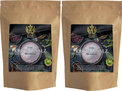 Produktbild von HAF 2 x 1 kg Rosa Kristallsalz 0,3–0,5 mm | 100% Natürlich, Handabgebaut, Unraffiniert | Steinsalz aus Pakistan | Ideal zum Kochen und für Salzmühlen