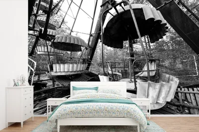 Produktbild von MuchoWow® Fototapete für Wohnzimmer oder Schlafzimmer Wandtapete Vinyl Motivtapete Verlassene Autos in Pripyat - schwarz und weiß - 525x350 cm - Das Hintergrundbild