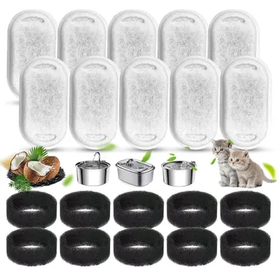 Image de Kit de filtres Katzenbrunnen : 20 pièces, comprenant 10 filtres à charbon actif et 10 éponges filtrantes
