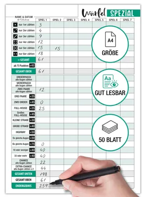 Produktbild von Würfelspiel Block DIN A4 - 50 Blatt Ersatzblock Spielblock Senioren große Schrift