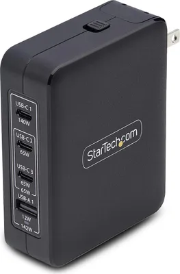 Produktbild von StarTech.com 140W USB-C-Wandladegerät, 3x USB-C/1x USB-A, PD 3.1 Internationaler GaN-Ladegerät für MacBook/Dell XPS/Inspiron, USB Typ C Netzteil, Laptop USBC Ladestecker, Drinnen, AC, 28 V, Schwarz