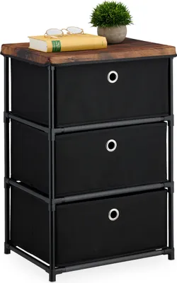 Image de Commode Relaxdays, 3 tiroirs en tissu, métal, aspect bois, 65 x 43 x 33 cm, salon, couloir, commode d'appoint, noir/marron